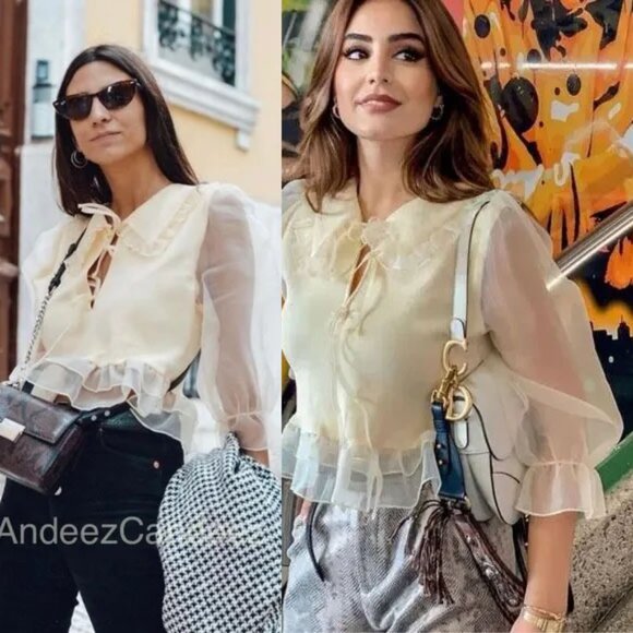 Zara Peterpan Collar Sheer Organza Combination Knit Sweater L Cream Ivory Ruffle - Picture 4 of 16